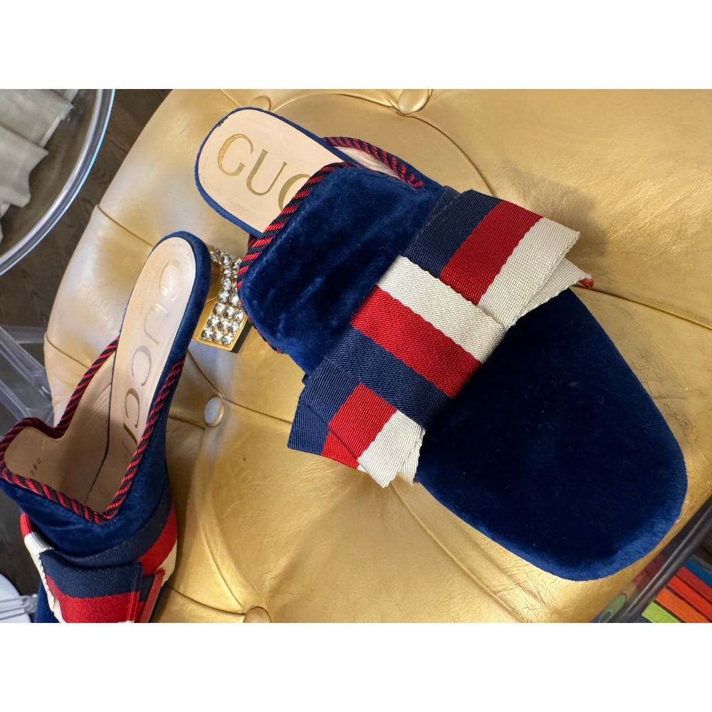 Gucci Velvet Bow Mule Heels Embellished Crystal Block Heel Slip On Shoes 36 - Picture 4 of 8